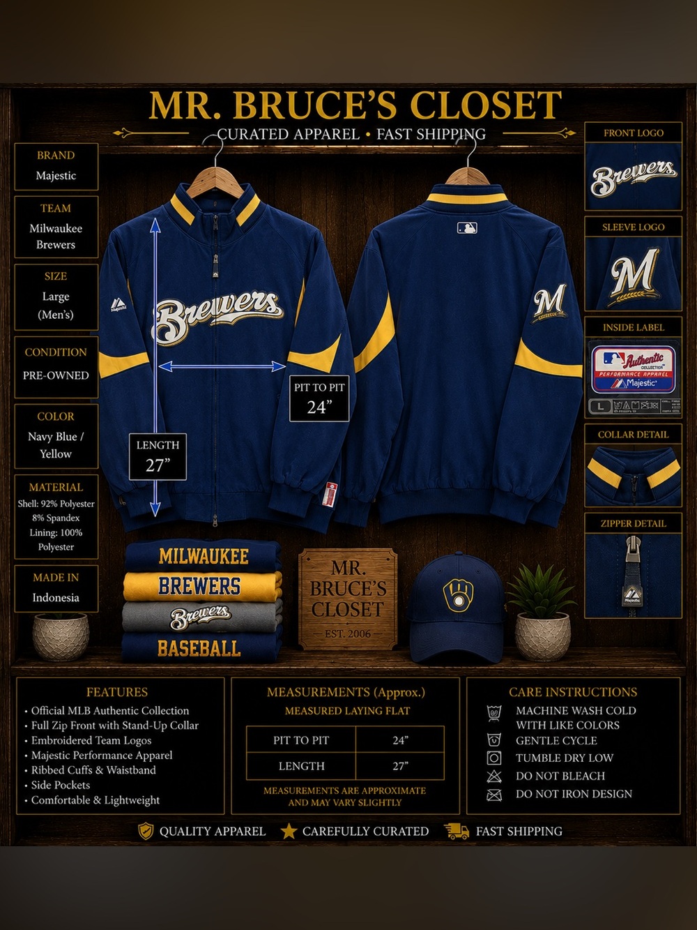 Majestic Milwaukee Brewers Jacket Men’s Large MLB Authentic Collection Full Zip